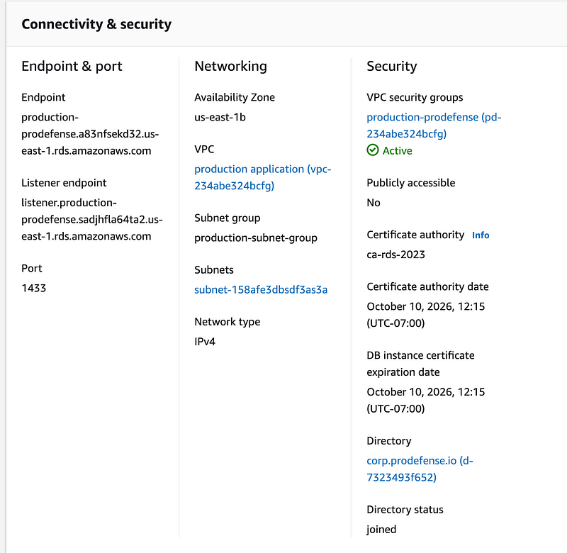 Example RDS Database on Network Domain corp.platformsecurity.com