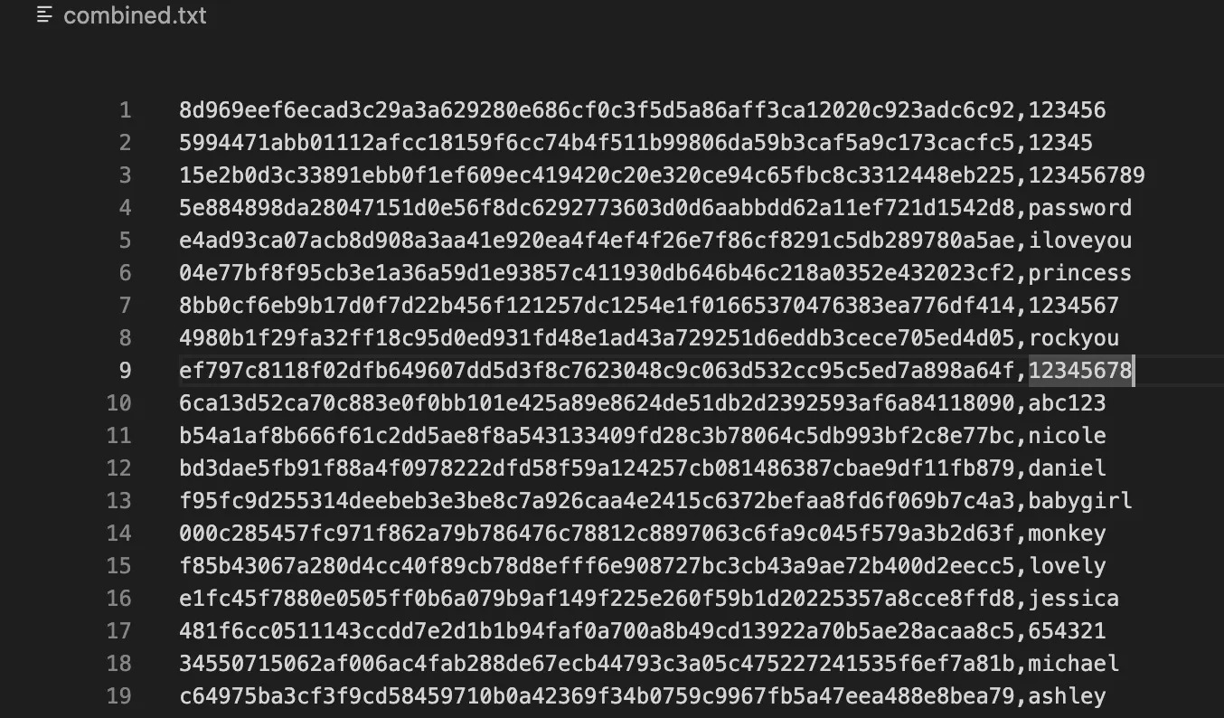 rockyou.txt password hashes in SHA256, password format