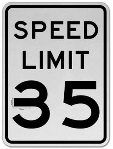 A street sign showing a 35 mph speed limit, but with the "3" altered to resemble an "8".