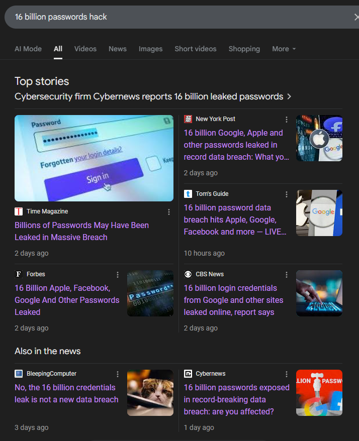 Screenshot showing misleading headline about passwords being "hacked"