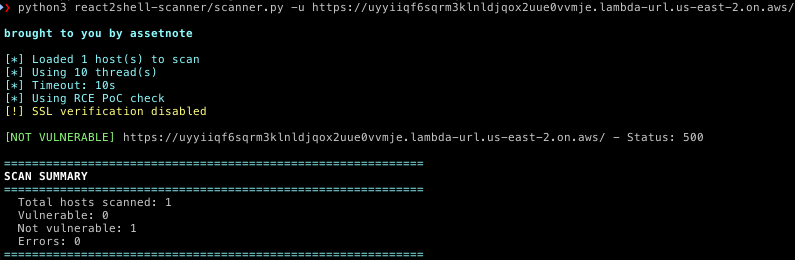 Screenshot showing the react2shell scanner reporting the host as not vulnerable